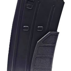 Black pistol magazine with a textured baseplate and straight sides (detachable firearm accessory).