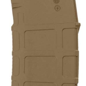 Tan 5.56x45 rifle magazine with textured sides and feed lips