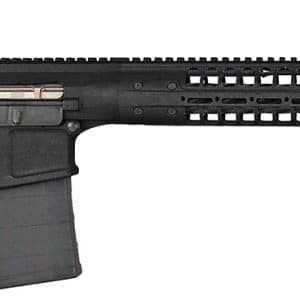 Black semi-automatic rifle with adjustable stock, pistol grip, and long quad-rail handguard