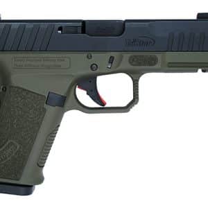Side view of an olive-green handgun with a textured grip, black slide, and accessory rail