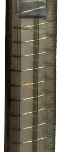 Loaded handgun magazine with brass cartridges visible inside and a metal base plate.