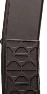Black detachable rifle magazine with a textured baseplate.