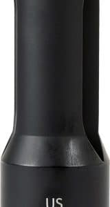 Close-up of a black cylindrical cap or nozzle with a hollow center and curved side openings, featuring a small US logo near the base.