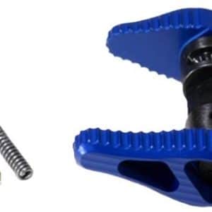 Blue platform bicycle pedal with serrated edges and black axle, shown with mounting screws and a brass spacer.
