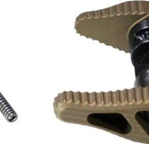 Hardware for a bicycle pedal toe clip: a beige clamp with a spring and two mounting screws.