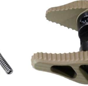 Two metal fasteners—a long screw and a small bolt—placed beside a beige plastic clamp with a black hinge.