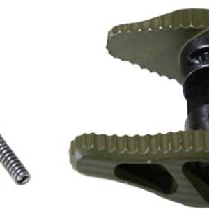 Green toe-clip pedal attached to a black spindle with textured strap; two mounting hardware pieces (bolt and screw) sit to the side for bicycle assembly.