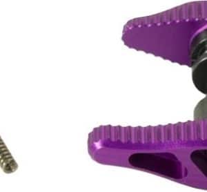 Purple handheld tool with serrated handles and a metal roller; shown with a small screw and brass pin.
