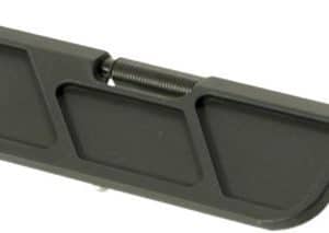 Gray plastic mechanical part with three recessed compartments, a central compression spring, and threaded rods at each end — a generic tool or component piece.