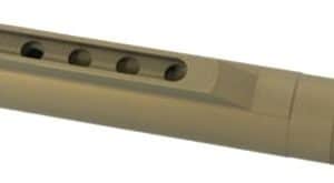 Muzzle brake with six side ports and a threaded end for attachment to a rifle rifle barrel.