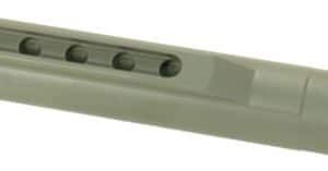 Plastic multi-port connector with five circular ports along a horizontal slot and a threaded end