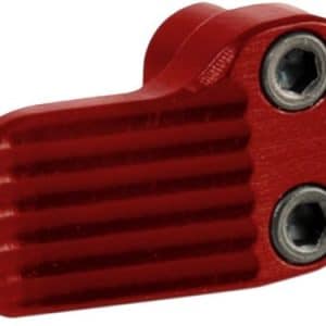 Red anodized metal clamp with two hex socket bolts side by side (bicycle/gear component)