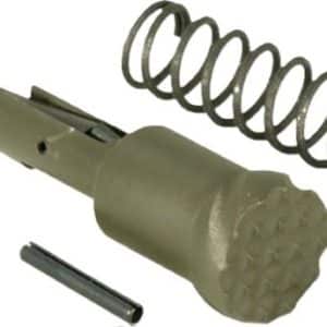 Olive-green hand punch tool with a large textured end, a coiled spiral spring, and a small pin nearby on a white background.