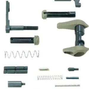 Assortment of small metal springs, pins, and rods with several beige/gray plastic components laid out in a scattered arrangement.