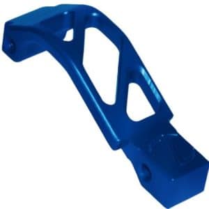 Blue plastic mechanical bracket with open lattice and mounting ends, likely a mounting lever or support piece.