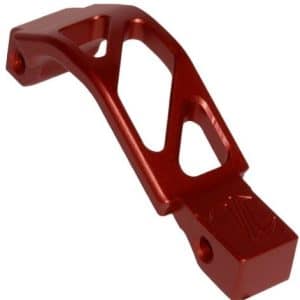 Red metal bracket with triangular cutouts and a square block at one end (likely a mounting accessory).