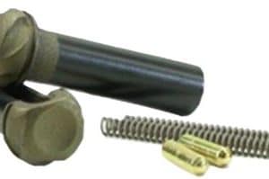 Two black tubes with green end caps, plus a metal coil spring and a small brass connector on a white background.