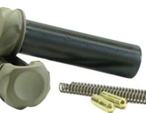 Two gray plastic wall anchors with accompanying screws and a long dark metal bolt, used for mounting hardware.