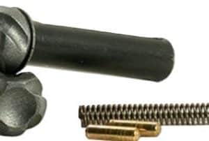 Hand rivet setting tool with a black handle, plus brass rivets and mandrels.