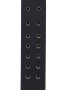 Black handgun magazine with witness holes along its length, top feed lips visible.