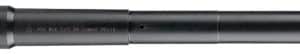 Black rifle scope tube with threading on both ends, lying horizontally on a white background