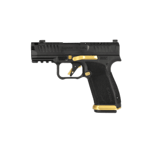 Side view of a black semi-automatic handgun with a gold trigger and accent on the grip area.