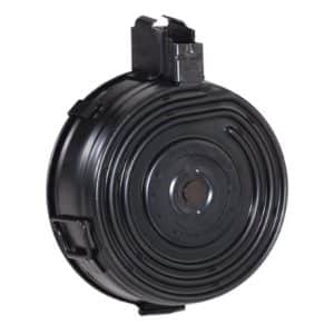 Black round drum magazine for a firearm, with a top feed mechanism visible at the rim edge