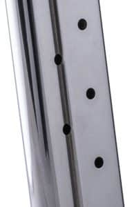 Silver 10mm pistol magazine with four witness holes along its side and a black follower at the top.