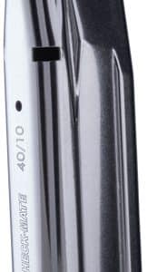 Side view of a silver metal pistol magazine with a black baseplate.