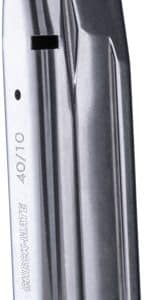 Side view of a metal pistol magazine with a black base plate and stamped markings (e.g., 40/10) along the spine.