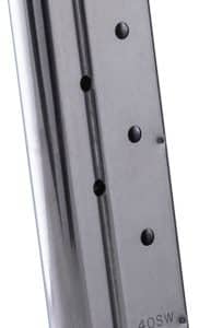 Metal pistol magazine for .40 S&W, shown at an angle with a black baseplate and cartridge feed lips.