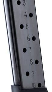 Metal handgun magazine with numbered indicator holes from 2 to 10 and a black baseplate.