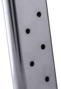 Metal .45 ACP pistol magazine with side witness holes and curved top edge