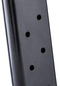 Black .45 ACP pistol magazine with top feed lips and side witness holes visible on the body