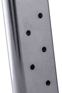 Metal .45 ACP handgun magazine with witness holes and a flat baseplate