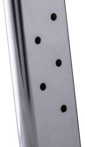 Stainless steel pistol magazine with five round-count holes and a black baseplate.