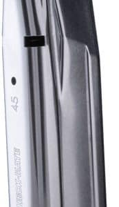 Stainless steel handgun magazine with a black baseplate labeled 45, standing upright.
