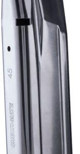 Metal pistol magazine for .45 caliber rounds, with a black base plate and visible '.45' marking.