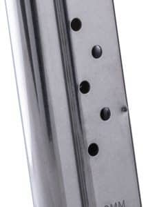 9mm pistol magazine with black feed lips at the top and round witness holes along the metal body.