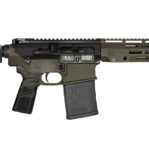 Olive drab tactical rifle with collapsible stock, long handguard, and a detachable magazine inserted.