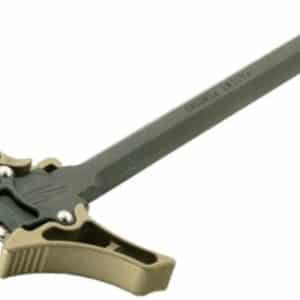 Cam-action clamp with long gray bar and tan jaws for securing workpieces.