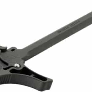 Black spring-loaded guitar capo on a white background, lying at an angle