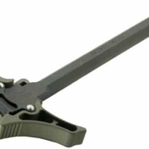 Clamp-on rifle fore-end bipod attachment in olive green with a long mounting bar and grip-like ends