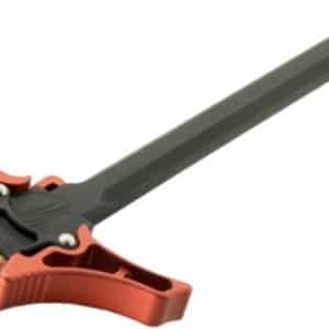 Long-handled locking clamp with orange jaws and a gray handle, a bar-style clamping tool used to hold workpieces together.