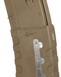 Tan polymer rifle magazine with metal feed lips, viewed from the side.