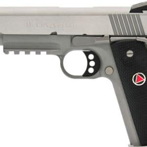 Side view of a silver Desert Eagle-style semi-automatic pistol with a black textured grip and metal frame