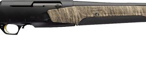 Bolt-action hunting rifle with camouflage stock and long black barrel.