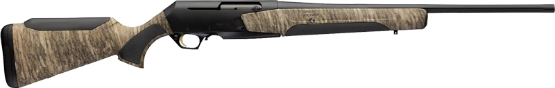 Bolt-action hunting rifle with camouflage stock and long black barrel.
