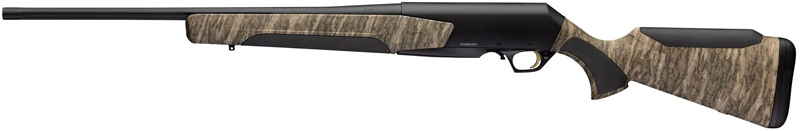 Bolt-action hunting rifle with a camouflaged wood stock and black metal barrel.