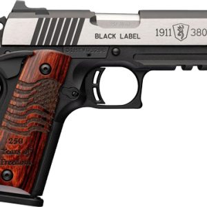 Side view of a semi-automatic pistol with a wooden grip, a stainless slide labeled 'BLACK LABEL' and '1911 .380'